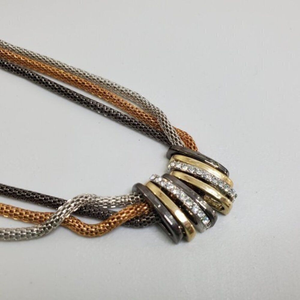 Mixed Metal Necklace Rhinestone Multi Strand Gray - Picture 3 of 8